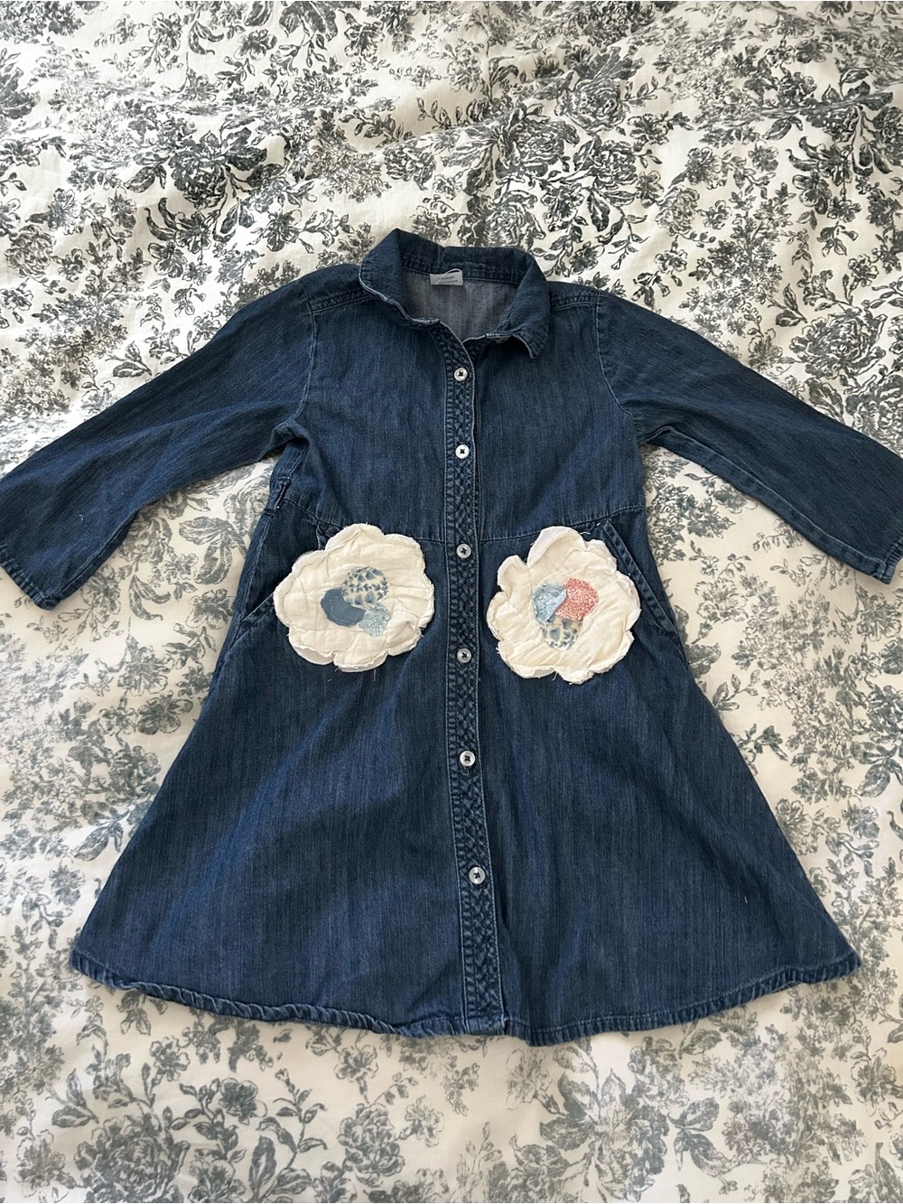 girls Denim Dress with antique quilted appliqués